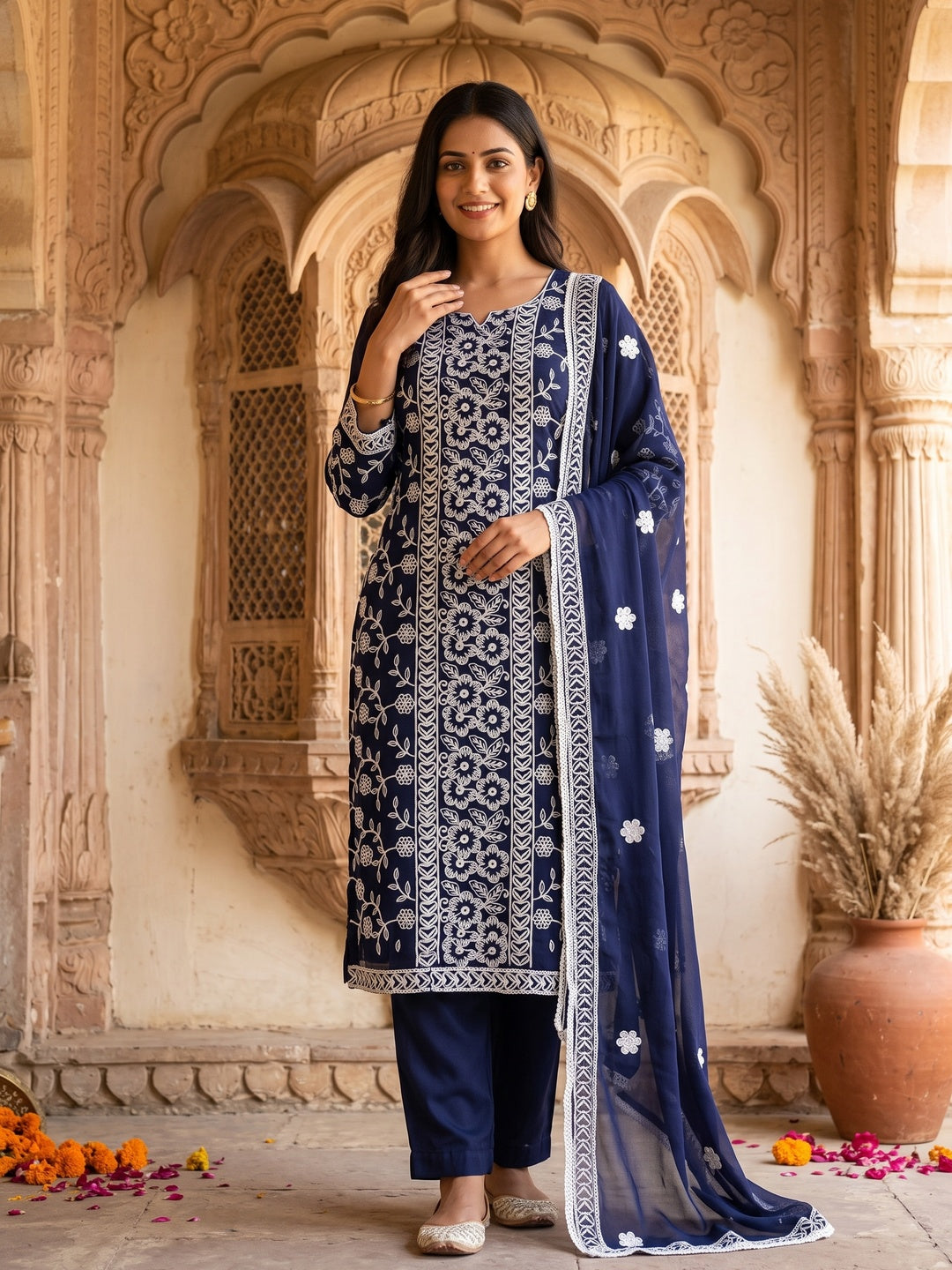 Navy Blue Floral Embroidered Georgette Dress Material - Image 4