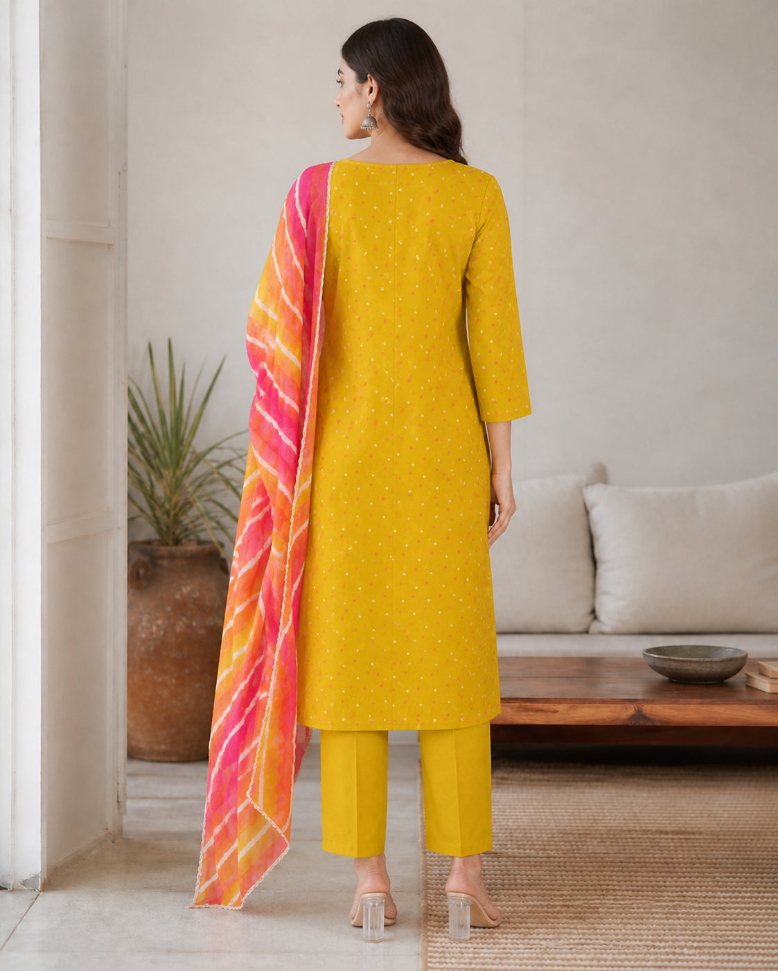 Peachmode Yellow Pure Cotton Bandhani Printed Salwar Suit Set - Image 4