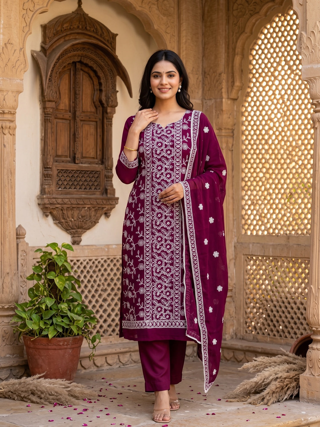 Wine Floral Embroidered Georgette Dress Material - Image 4