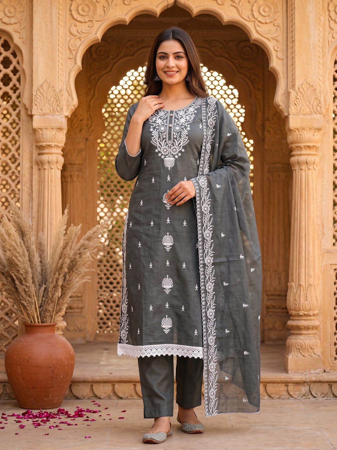 Nitisha NX Grey Chanderi Embroidered Unstitched Dress Material - Image 4
