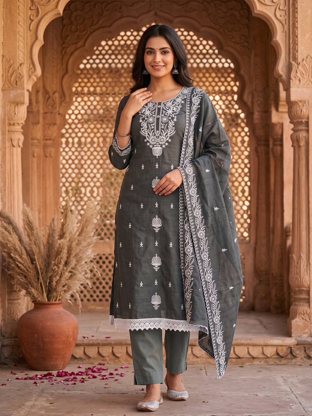 Nitisha NX Grey Chanderi Embroidered Unstitched Dress Material - Image 5