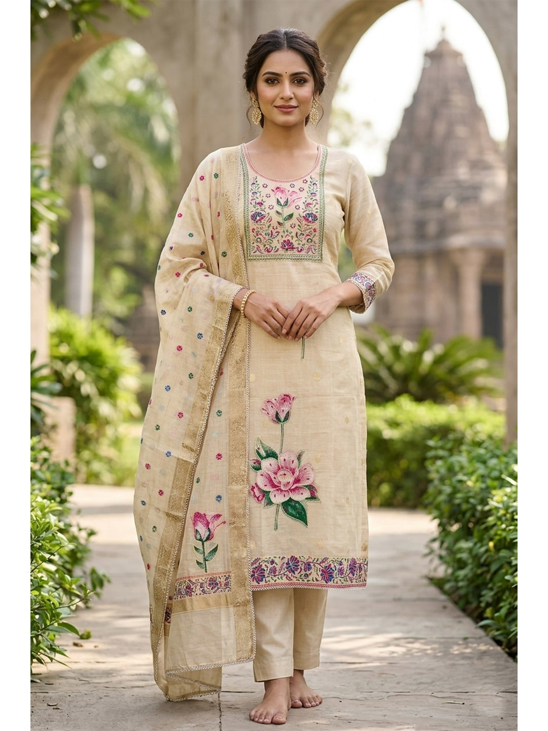 Peachmode Chikoo Unstitched Dress Material - Image 1