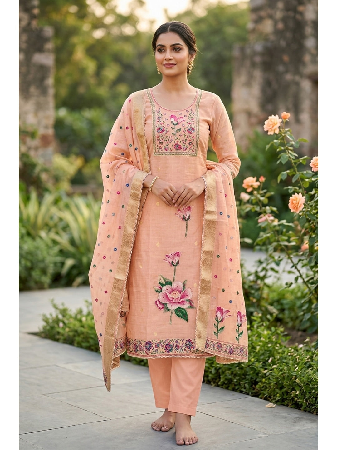Peachmode Peach Unstitched Dress Material - Image 1