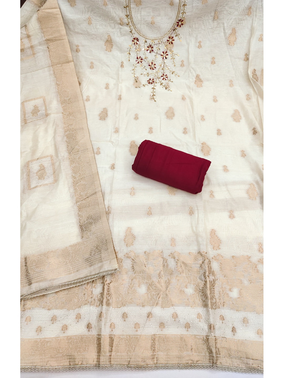 Peachmode Cream Maroon Unstitched Dress Material - Image 2