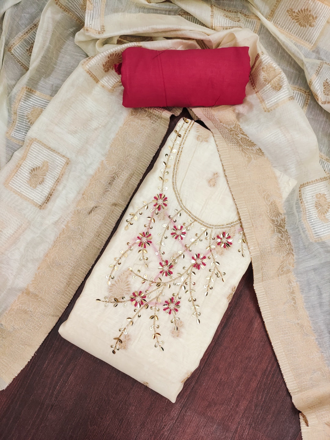Peachmode Cream Maroon Unstitched Dress Material - Image 3