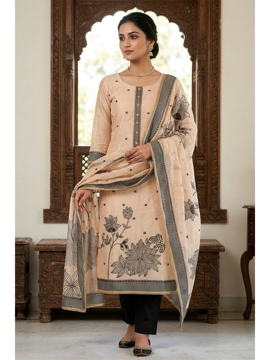 Peachmode Chikoo Unstitched Dress Material - Image 1