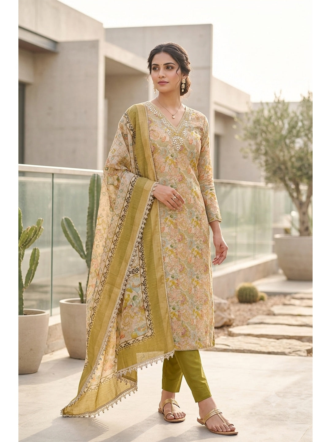 Peachmode Mustard Unstitched Dress Material - Image 1