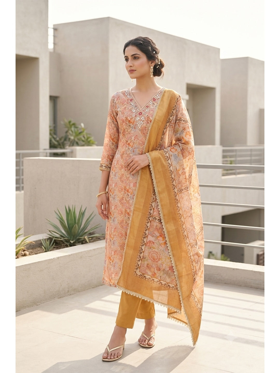 Peachmode Orange Peach Unstitched Dress Material - Image 1