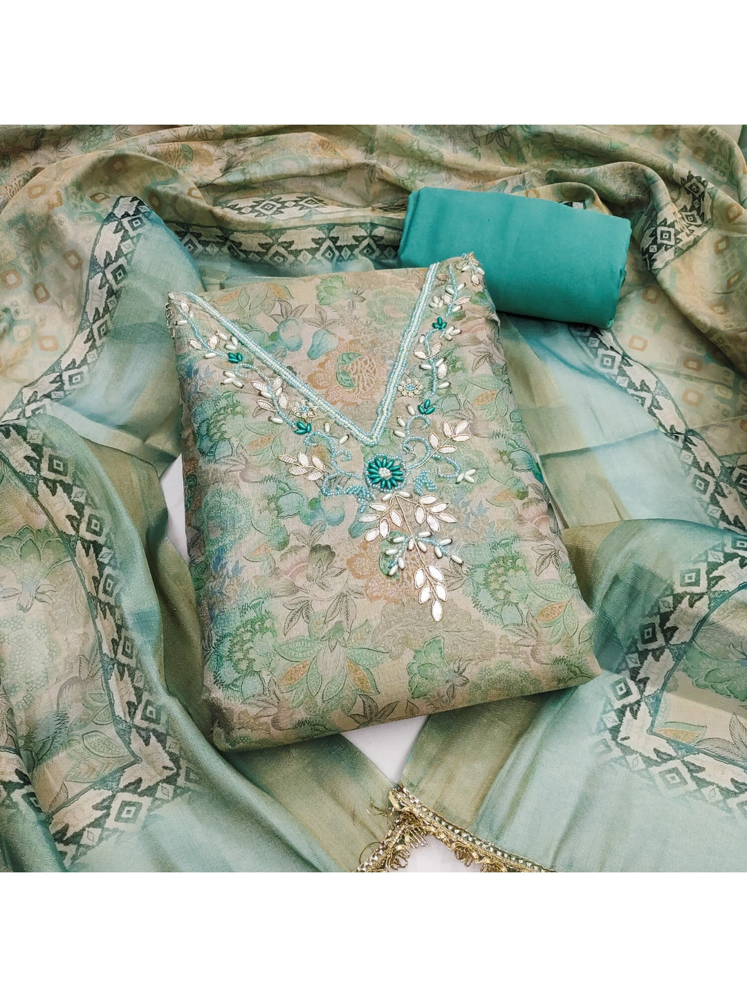 Peachmode Turquoise Unstitched Dress Material - Image 4