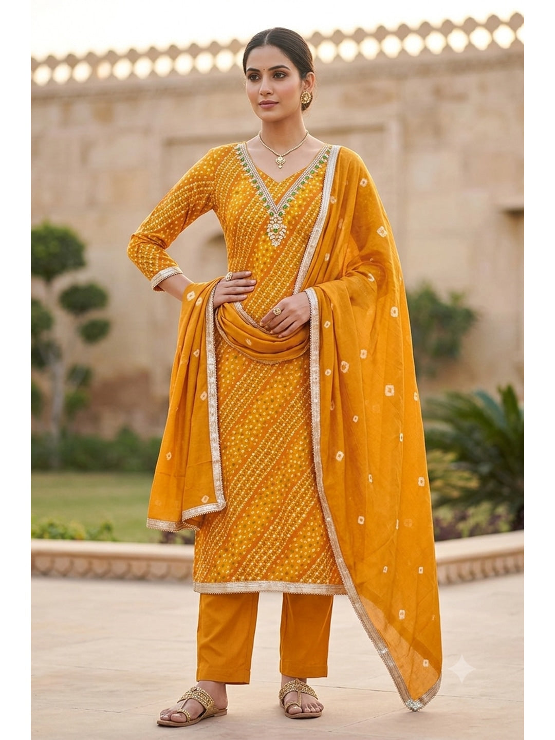 Peachmode Mustard Unstitched Dress Material - Image 1