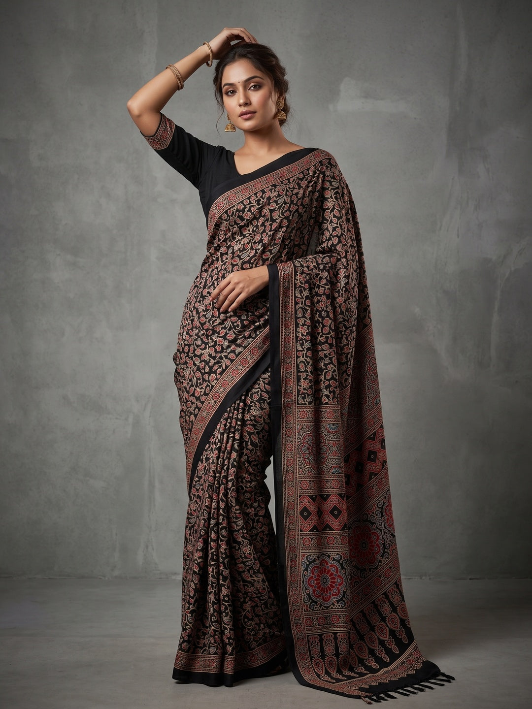 Black Floral Printed Crepe Saree with Detailed Ajrakh Pallu and Timeless Traditional Look - Image 5