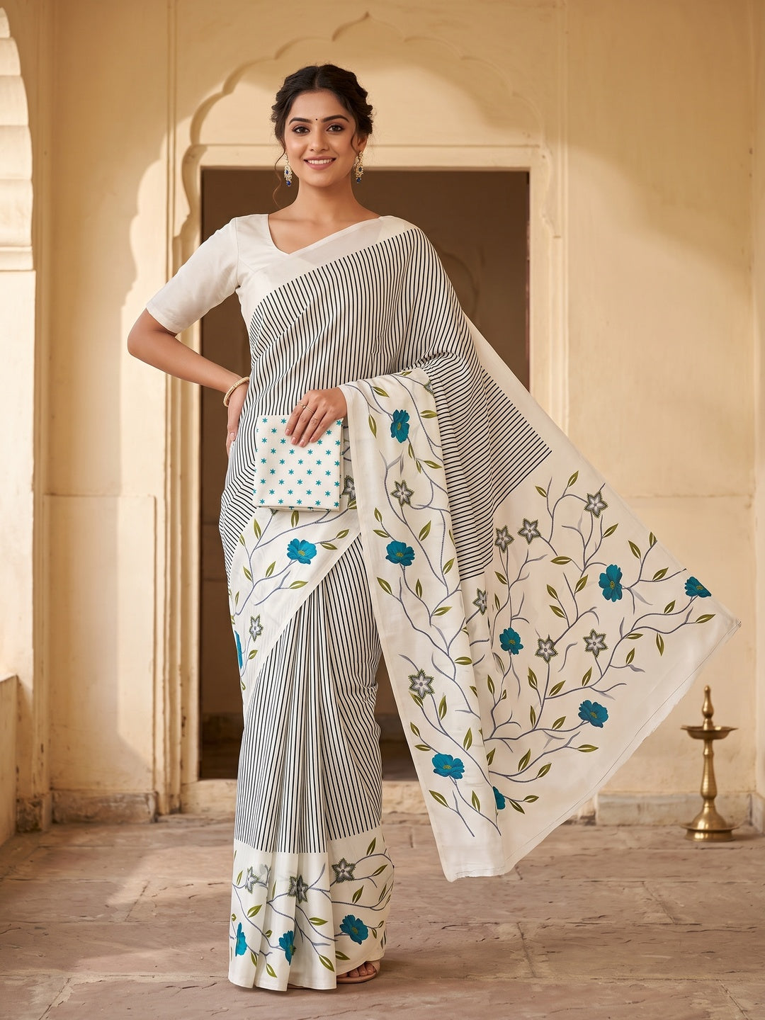 Peachmode White Art Silk Saree with Digital Print - Image 6