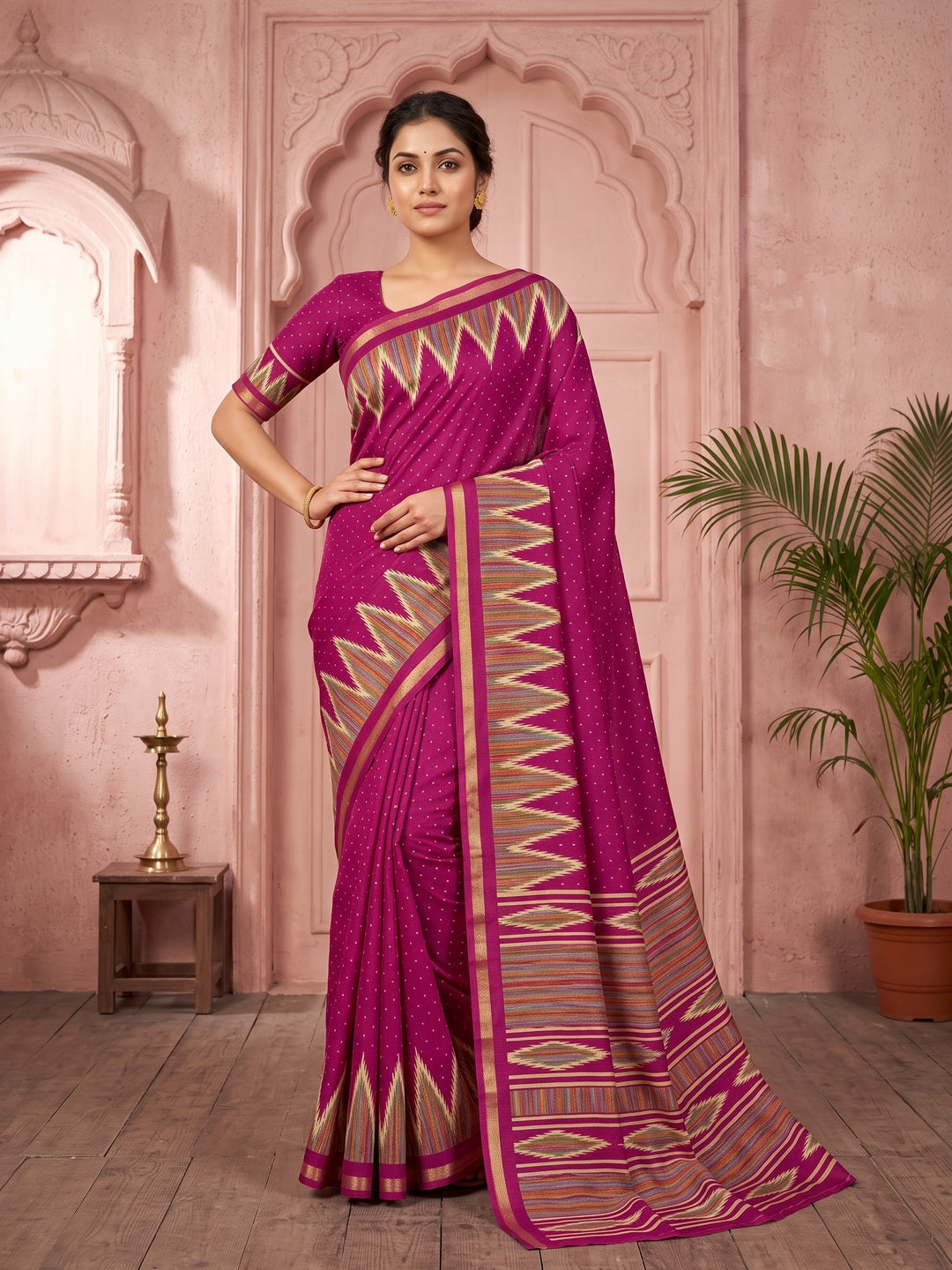 Festive Wear Magenta Geometric Printed Tussar Silk Saree with Artistic Pattern - Image 3