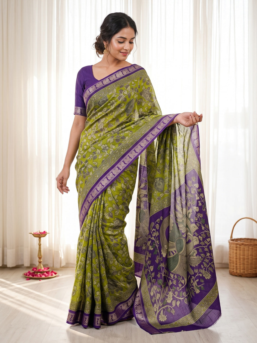 Elegant Green Mulmul Cotton Saree with Traditional Floral Print - Image 5
