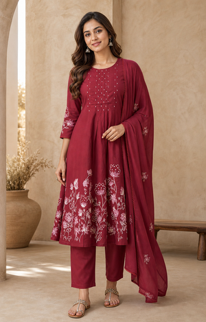 Maroon Pure Cotton Floral Embroidered Salwar Suit Set - Image 1
