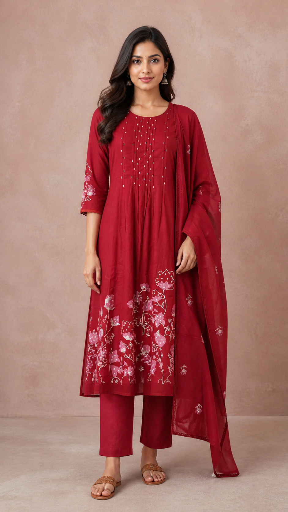 Maroon Pure Cotton Floral Embroidered Salwar Suit Set - Image 2
