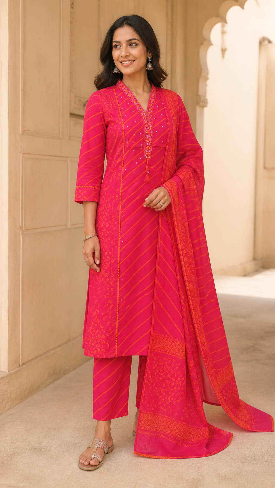 Red Pure Cotton Leheriya Embroidered Salwar Suit Set - Image 3