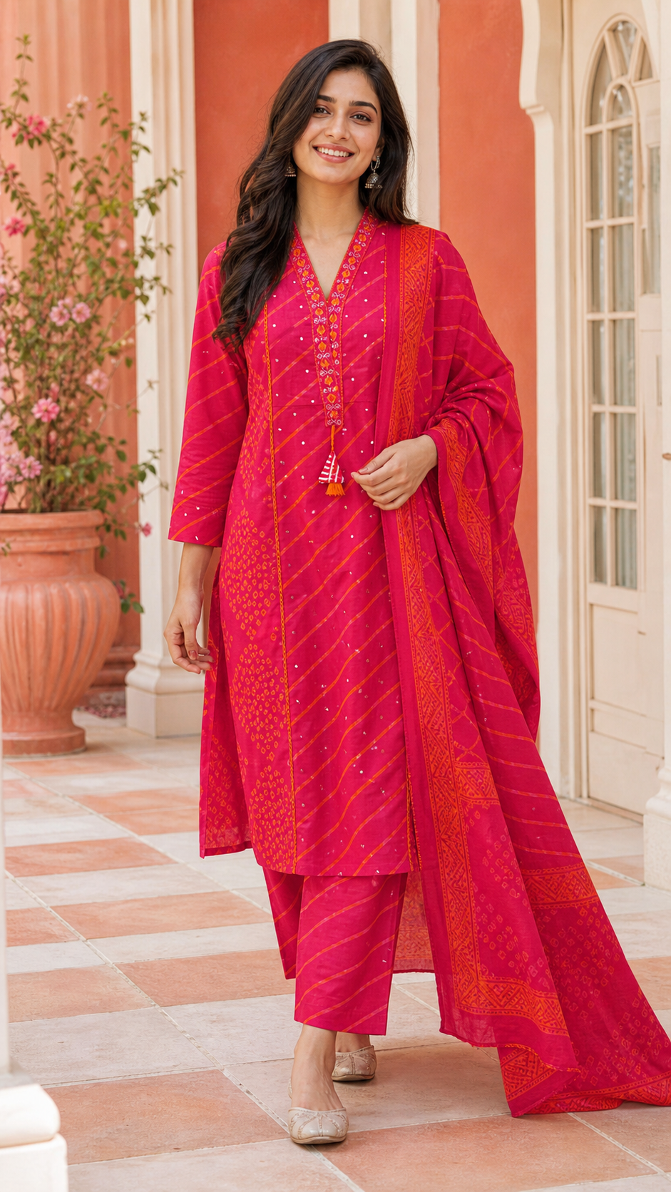 Red Pure Cotton Leheriya Embroidered Salwar Suit Set - Image 5