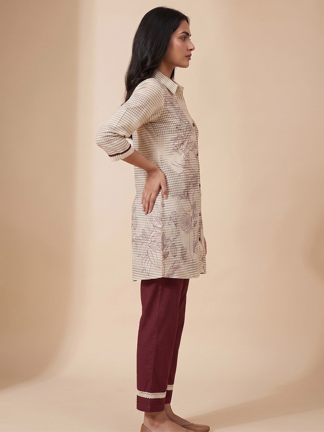 Peachmode Cream Pure Cotton Floral Printed Co-ord Set - Image 3