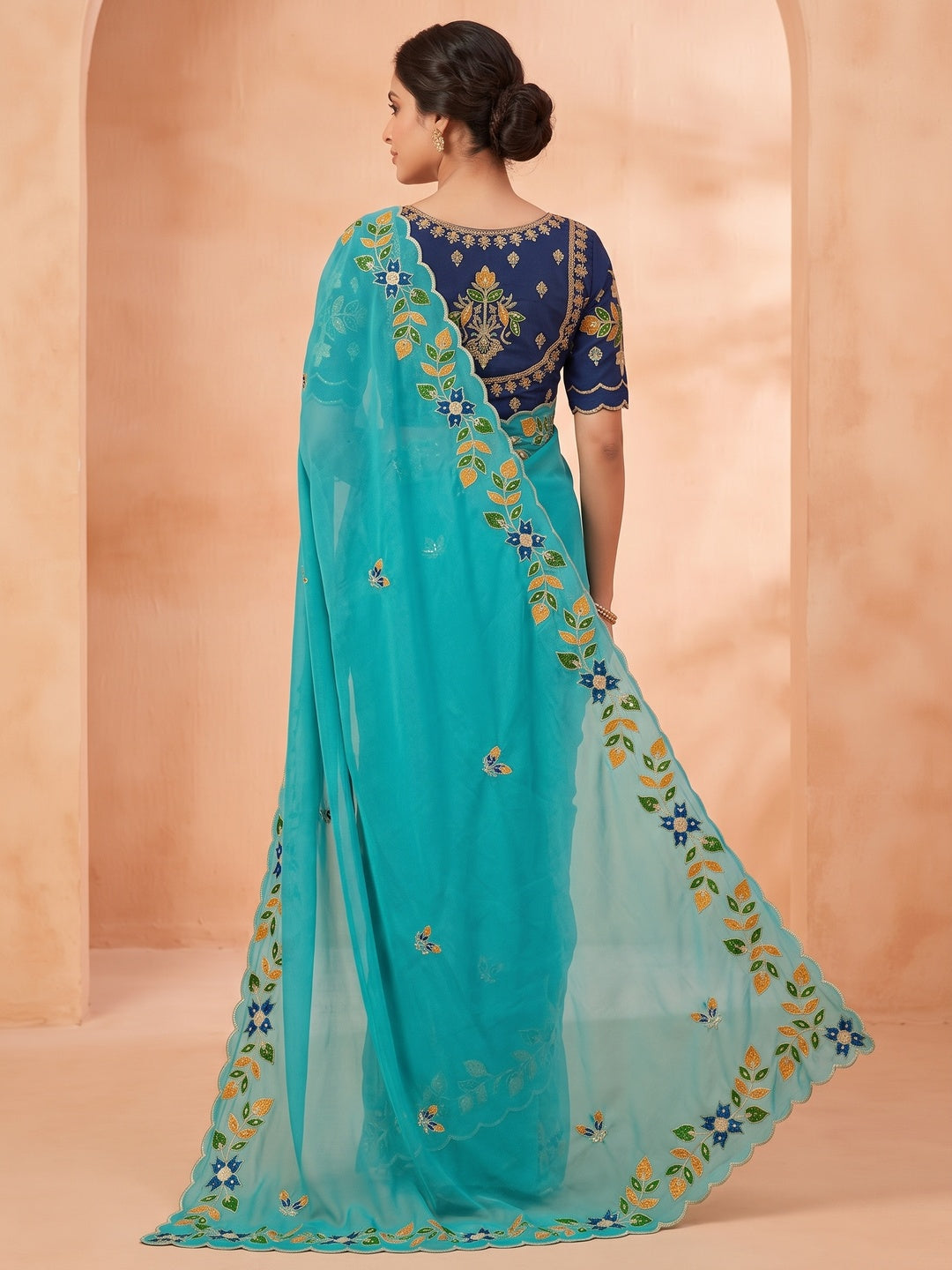 Peachmode Teal Blue Embroidered Shining Georgette Saree - Image 5