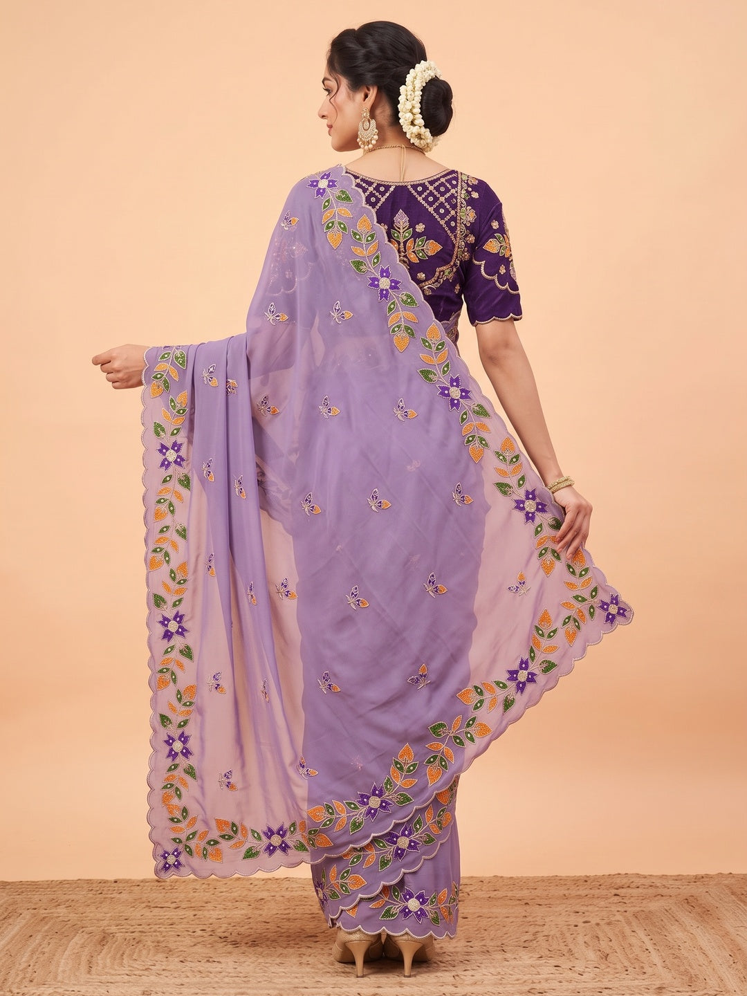 Peachmode Lavender Embroidered Shining Georgette Saree - Image 5