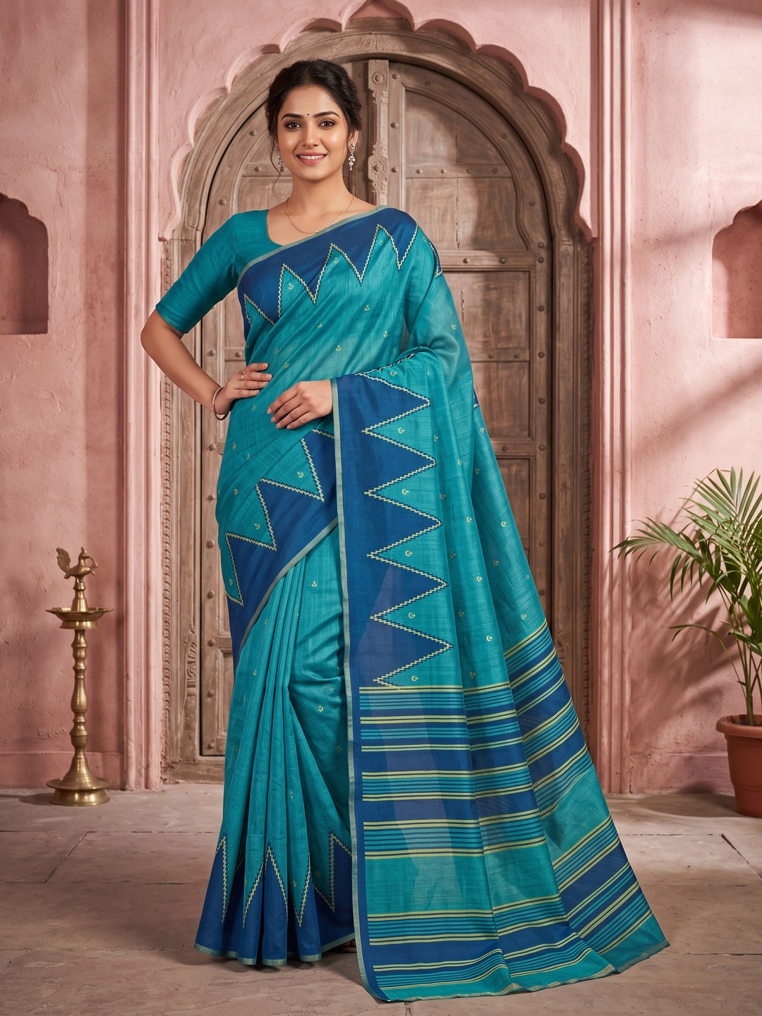 Luxury Teal Blue Zig Zag & Striped Printed Chanderi Silk Saree With Weaving Border - Image 3