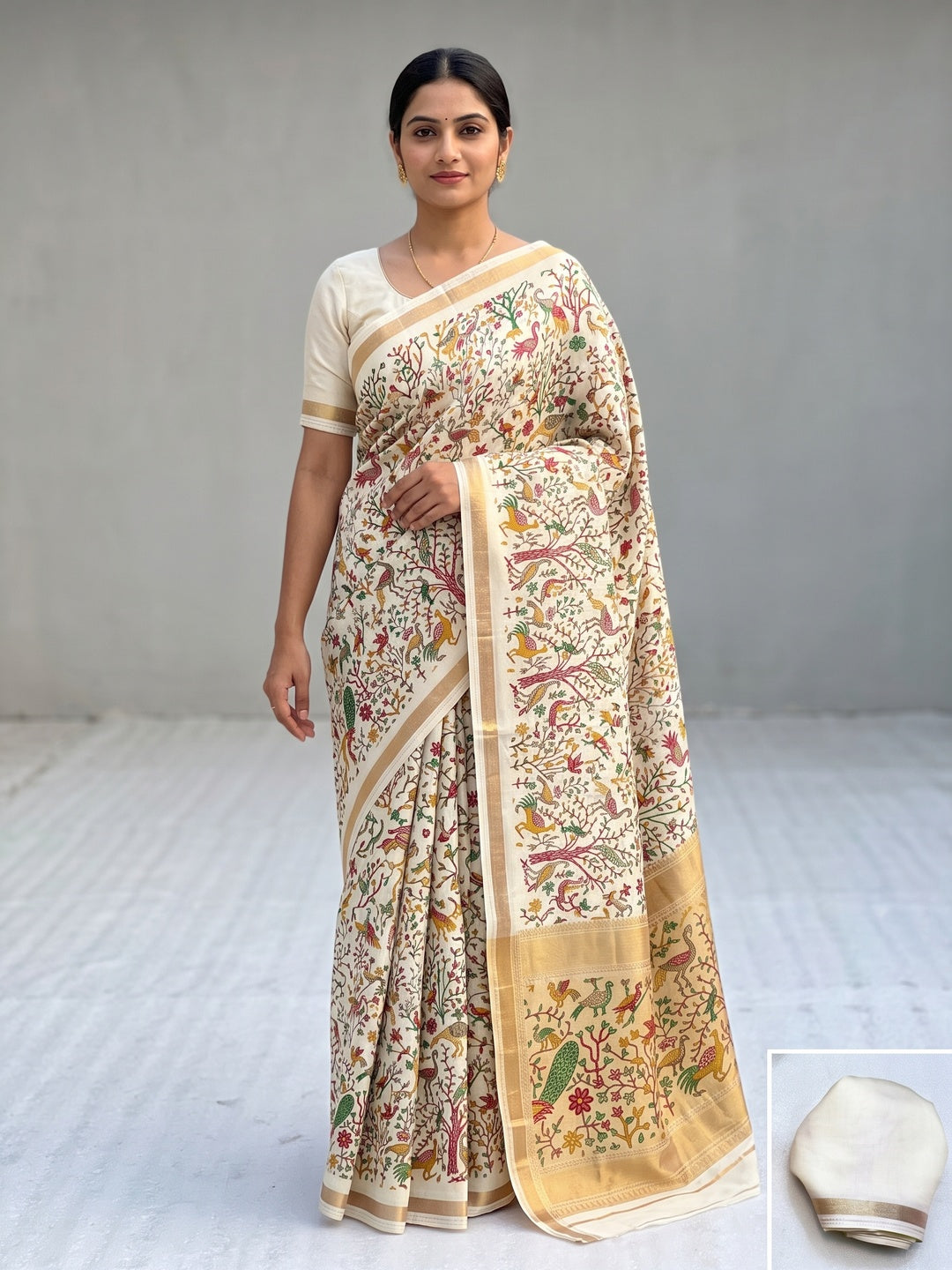 Cream Tussar Silk Blend Saree with Intricate Floral & Bird Kashmiri Print & Zari Border - Image 1