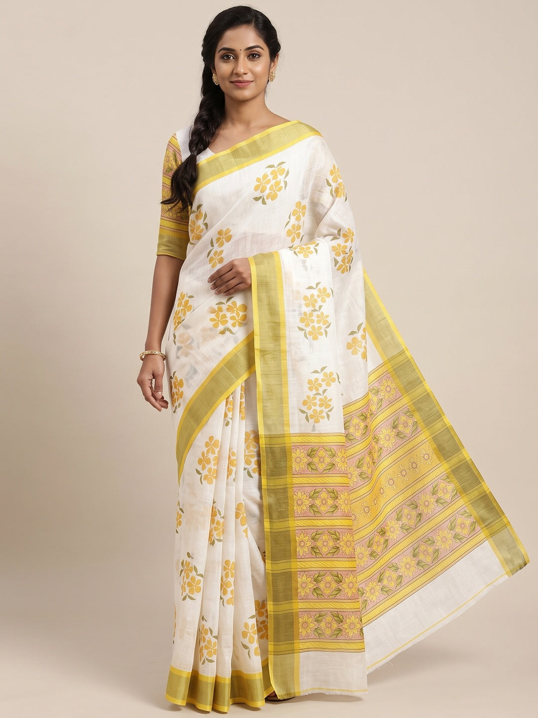 White & Yellow Floral Printed Linen Saree - Image 1