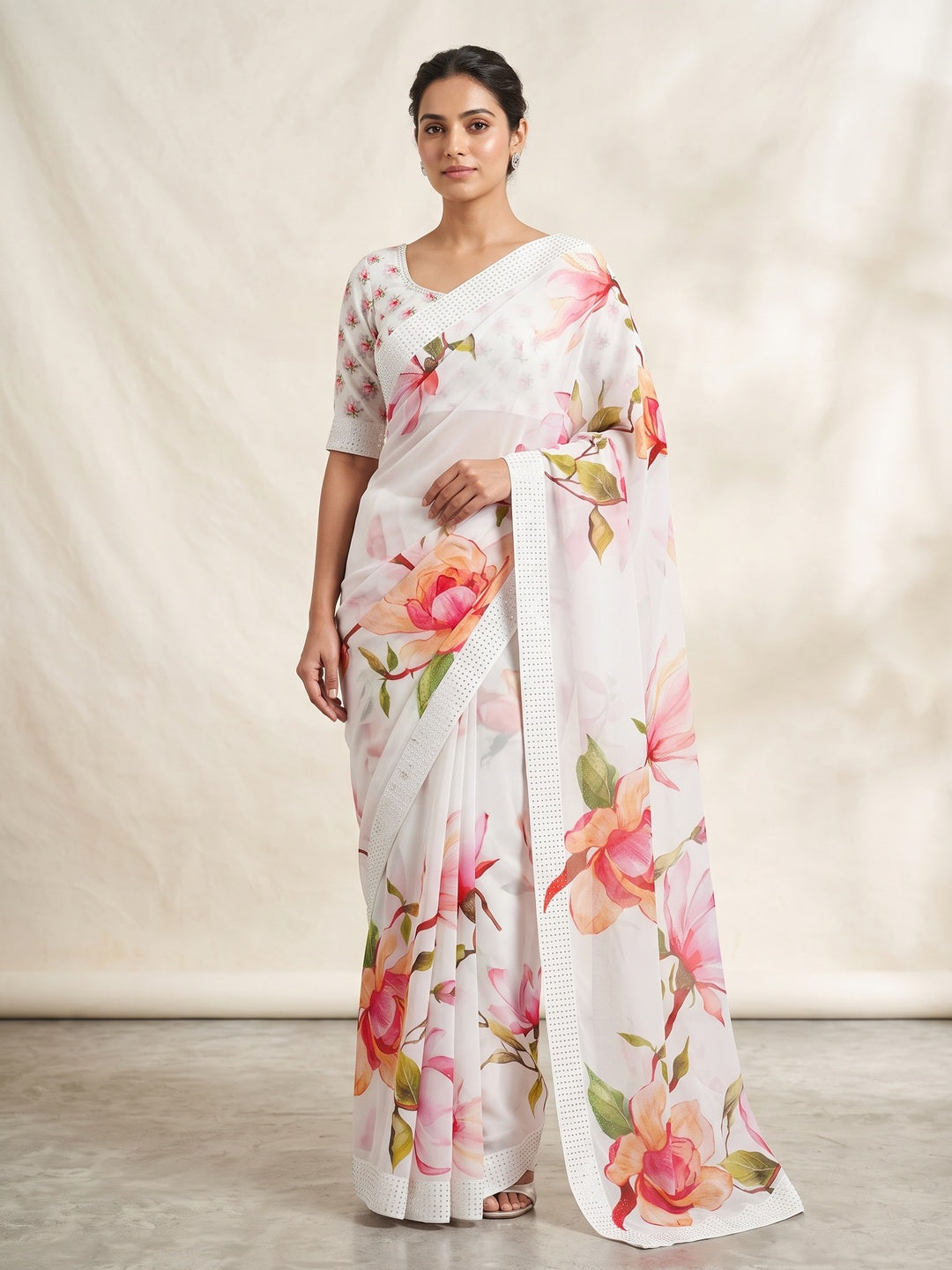 White Floral Printed Georgette Saree - Image 1