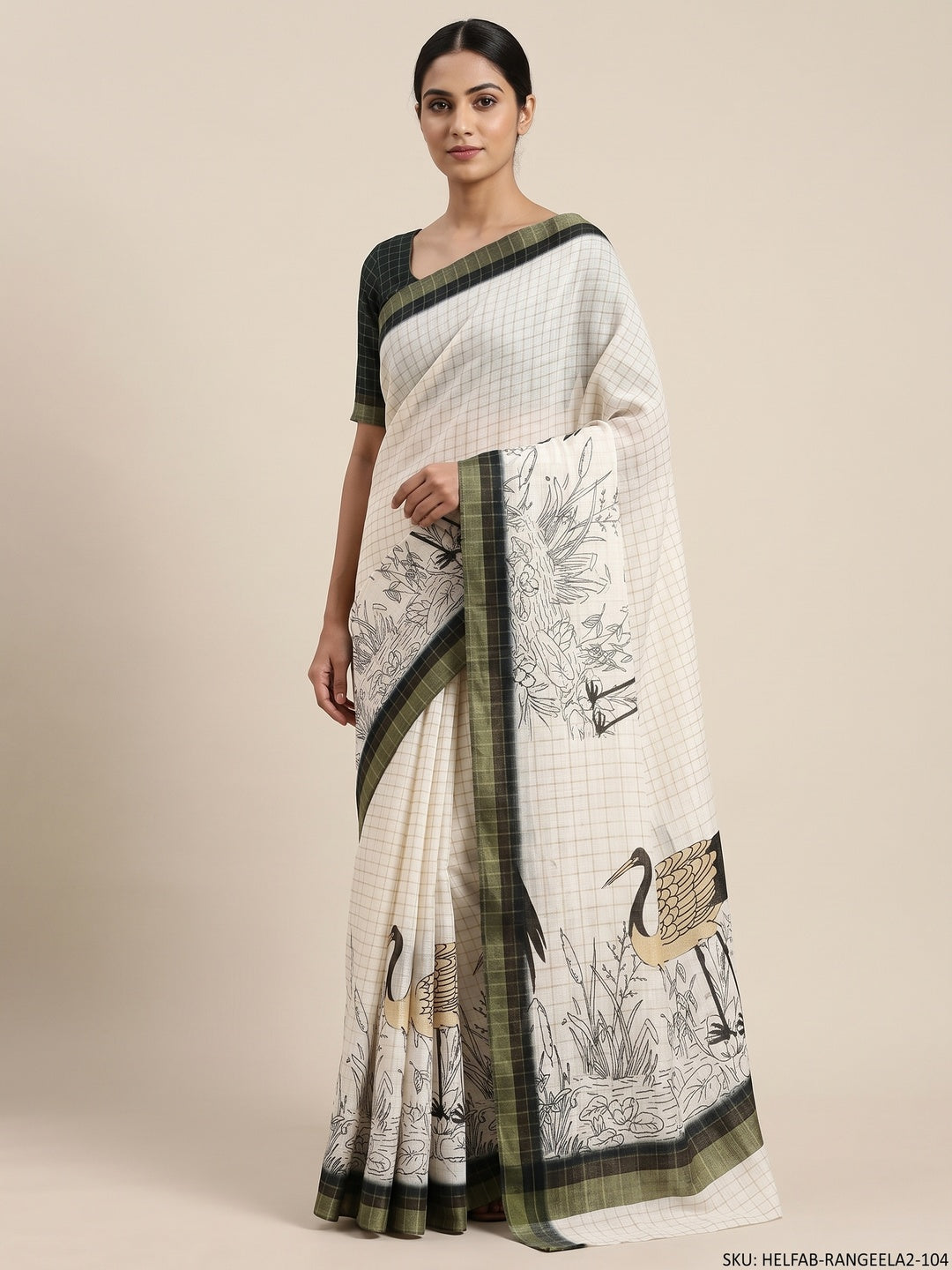 Off White and Black Checkered Printed Linen Saree with a Breezy Feel - Image 1