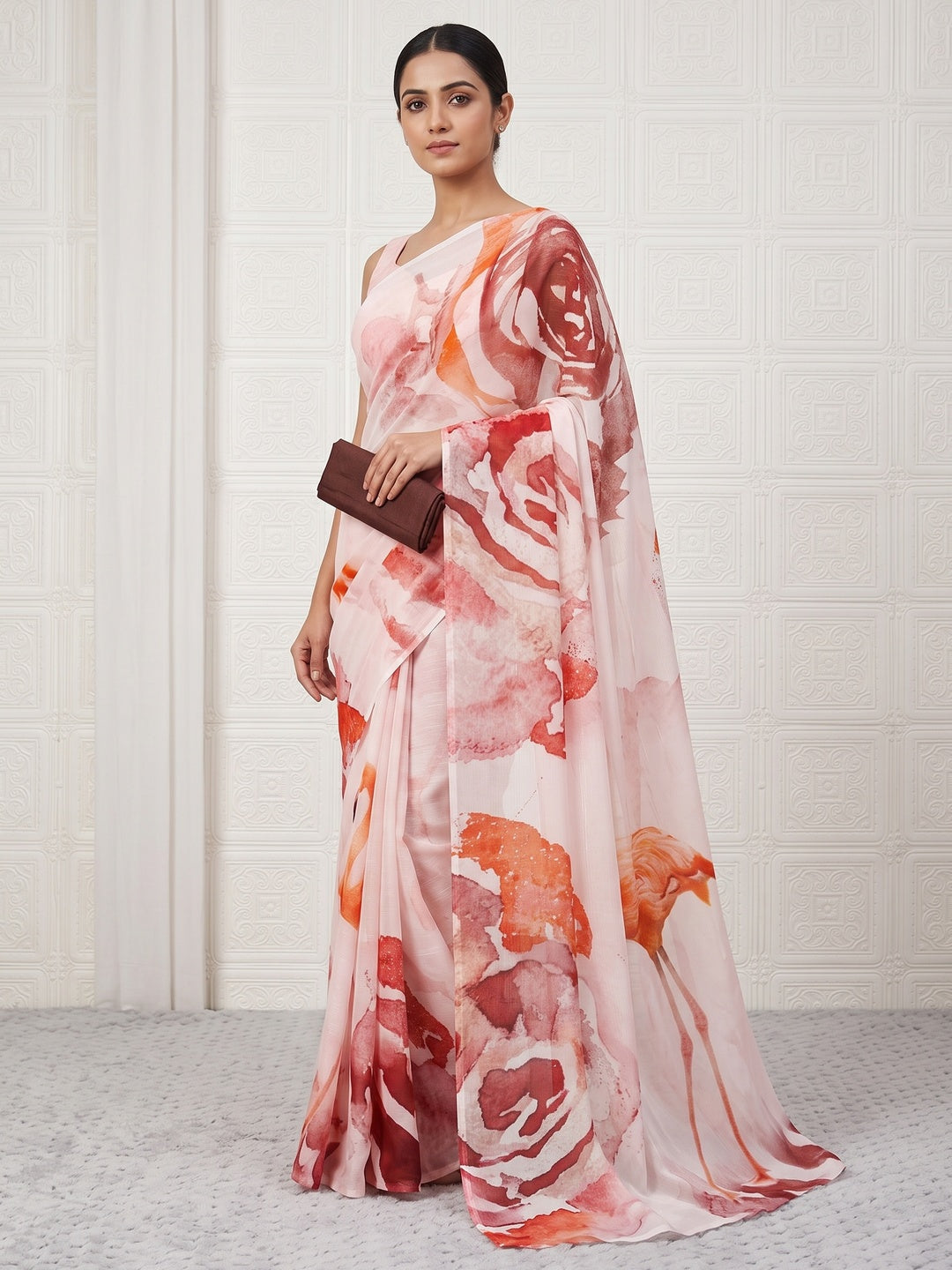 Light Pink Sparkle Star Georgette Saree Adorned With Floral & Bird Digital Prints - Image 1