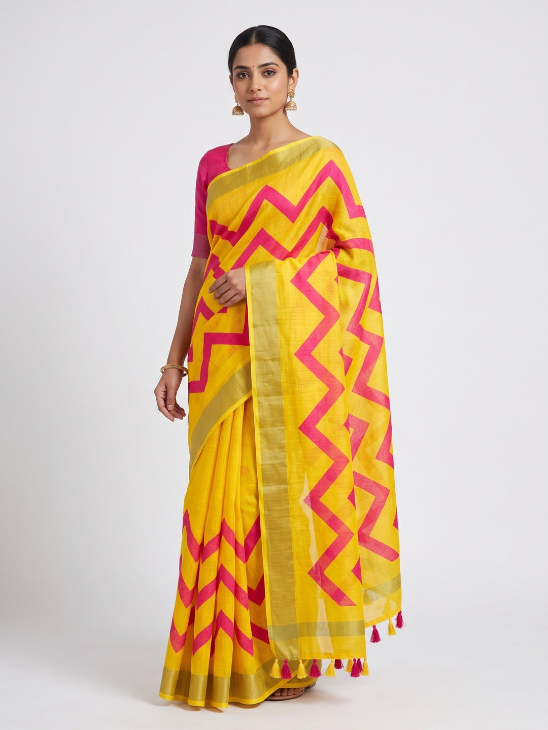 Yellow Soft Linen Saree with Artistic Print Detailing - Image 1
