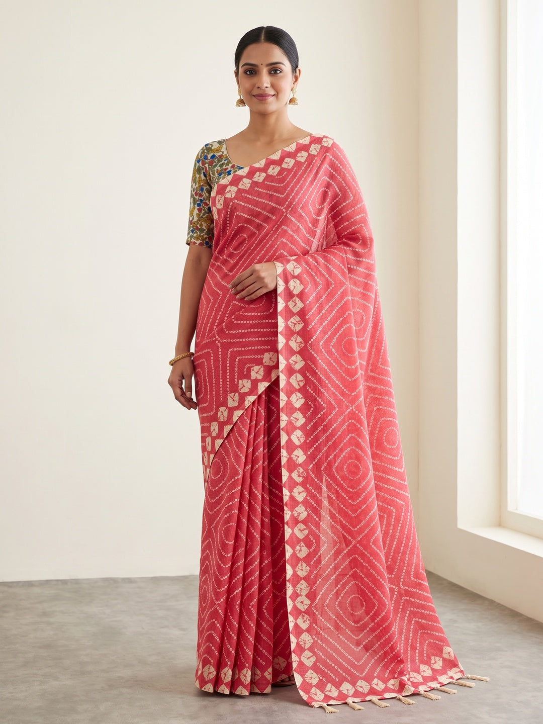 Gajari Pink Bandhani Printed Linen Saree With Delicate Tassel Border - Image 1