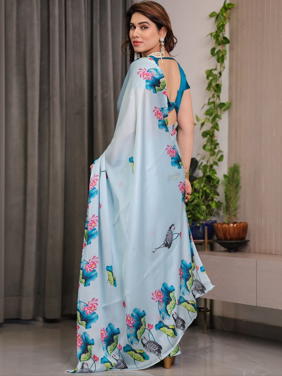 Peachmode Sky Blue Floral Digital Print Soft Georgette Saree - Image 2
