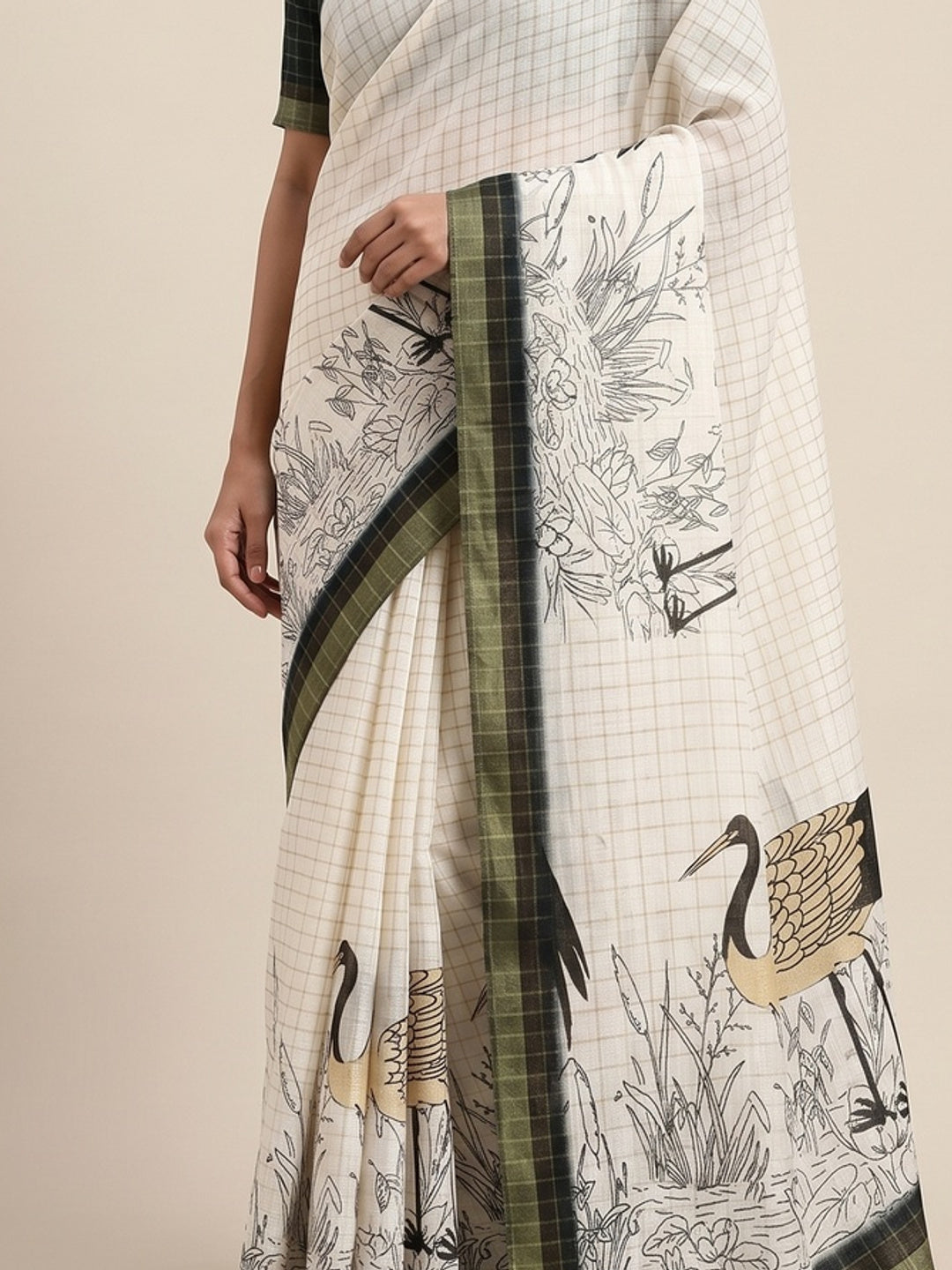 Off White and Black Checkered Printed Linen Saree with a Breezy Feel - Image 2
