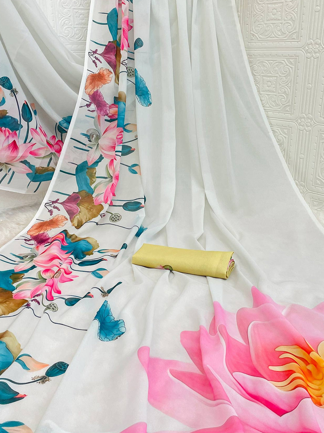 White Sparkle Star Georgette Saree Adorned With Floral Digital Prints - Image 1