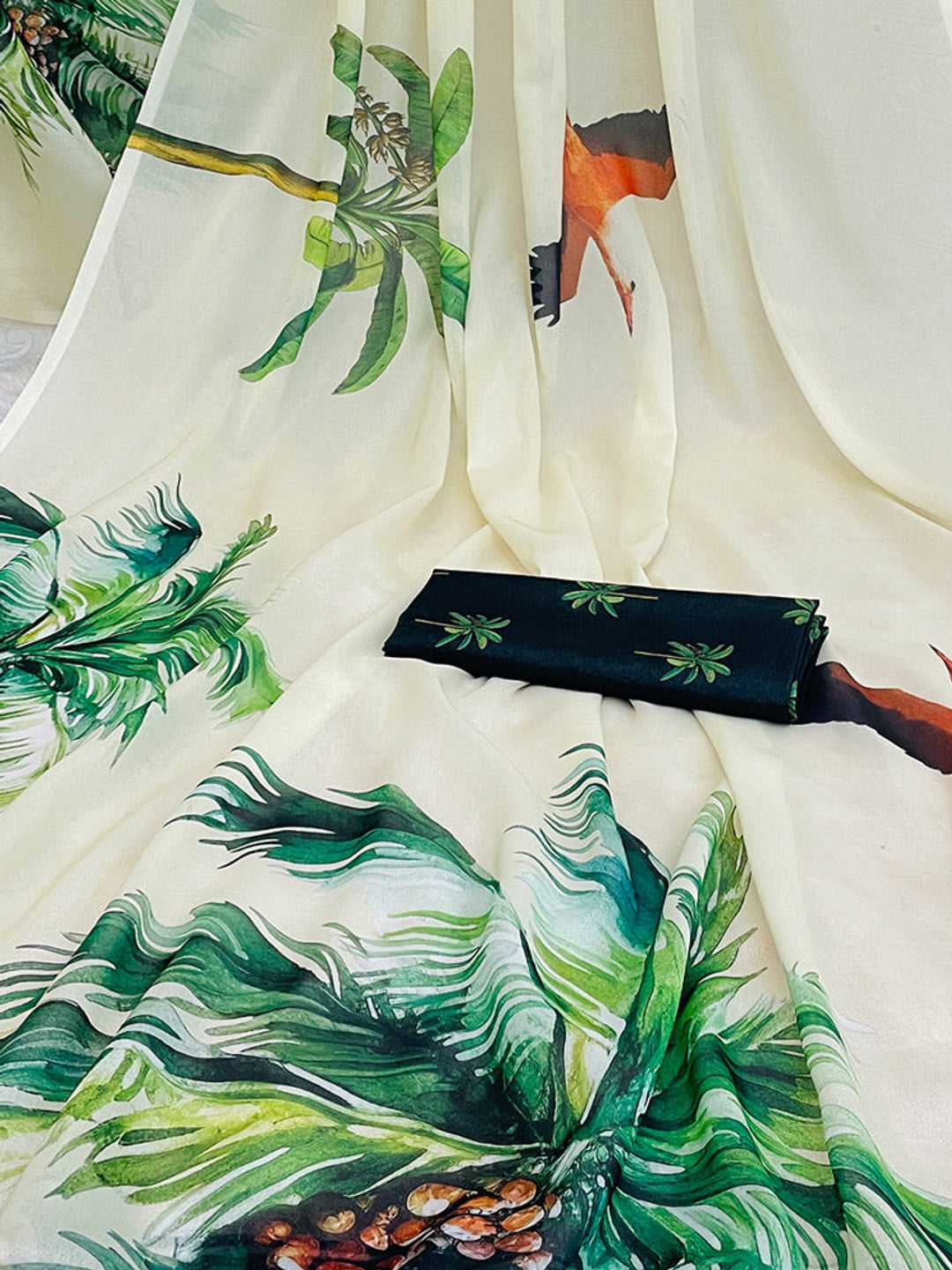 Cream Sparkle Star Georgette Saree Adorned With Tree & Bird Digital Prints - Image 1