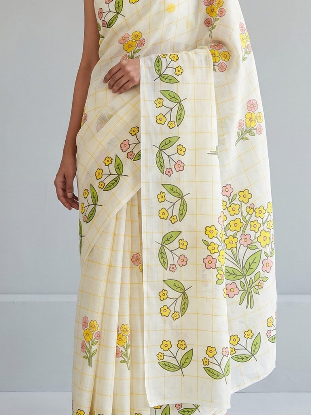Off White Soft Linen Saree with Artistic Print Detailing - Image 2
