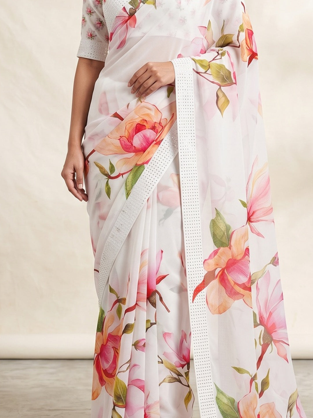 White Floral Printed Georgette Saree - Image 2