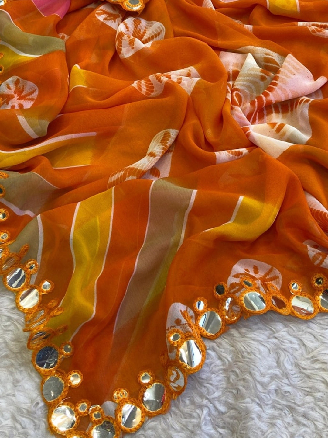 Peachmode Orange Georgette Saree with Mirror Work - Image 1