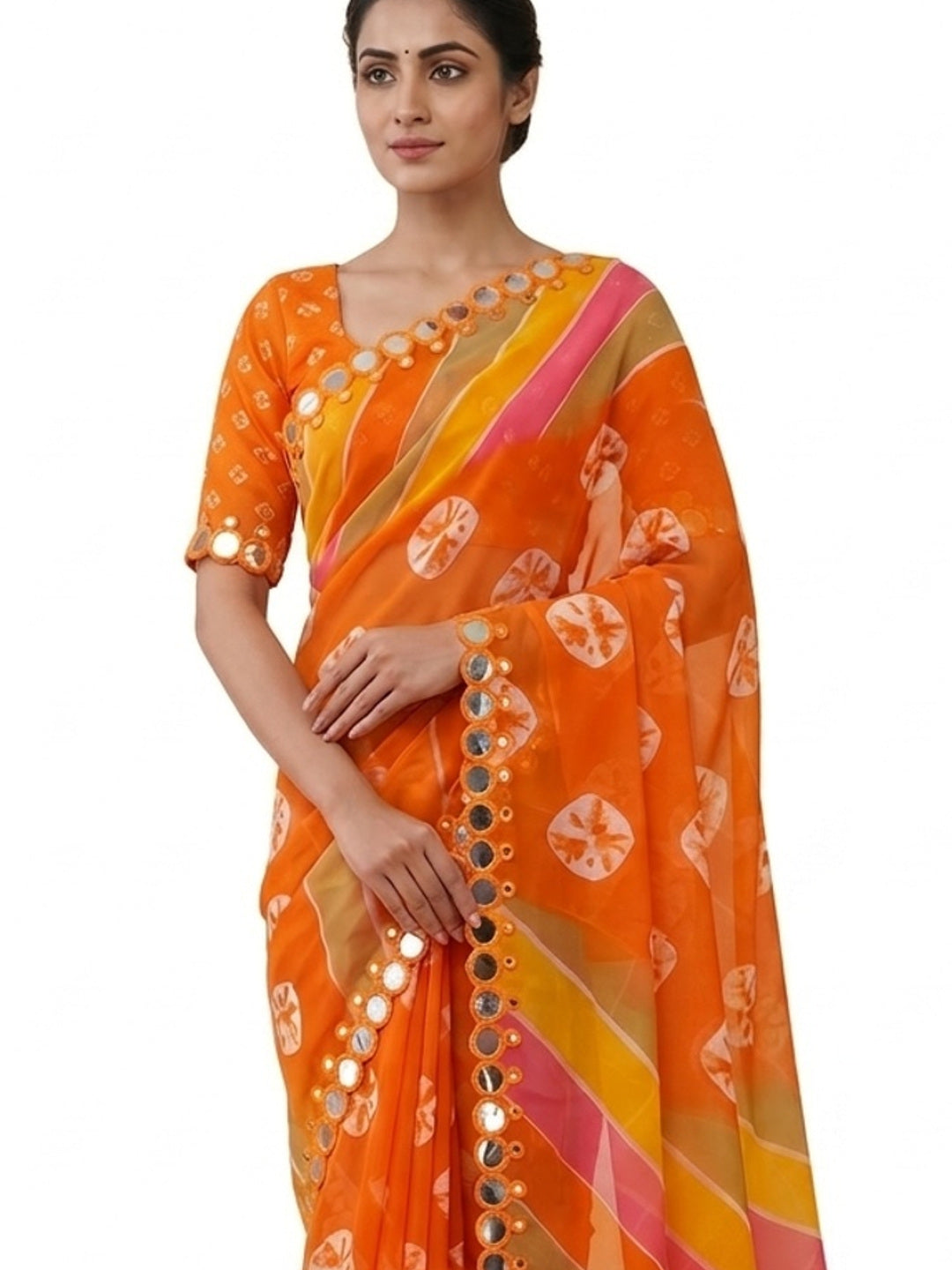 Peachmode Orange Georgette Saree with Mirror Work - Image 2