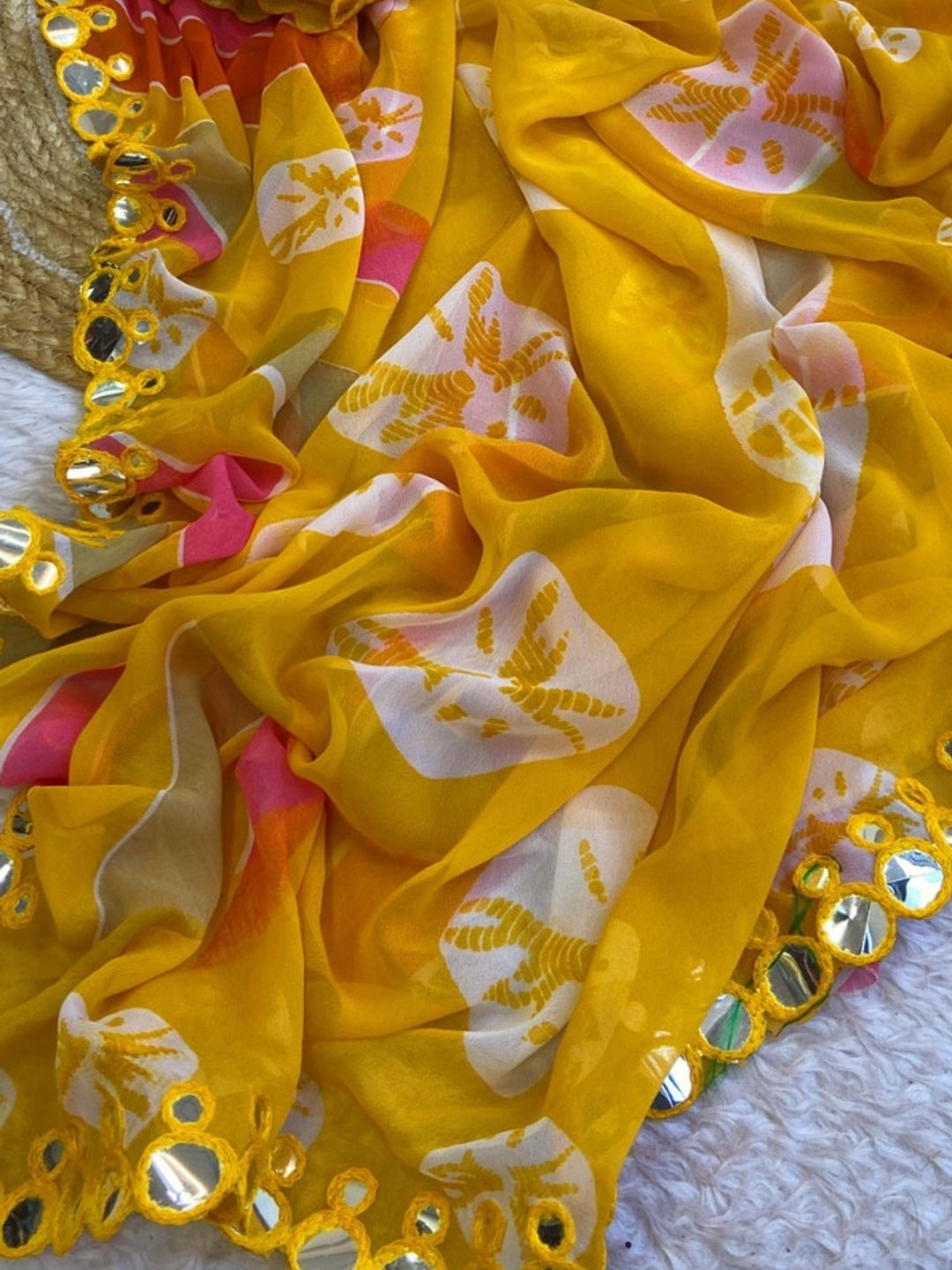 Peachmode Yellow Georgette Saree with Mirror Work - Image 2