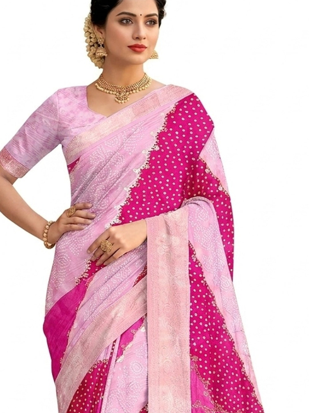 Peachmode Pink Dola Silk Foil Work Saree - Image 1