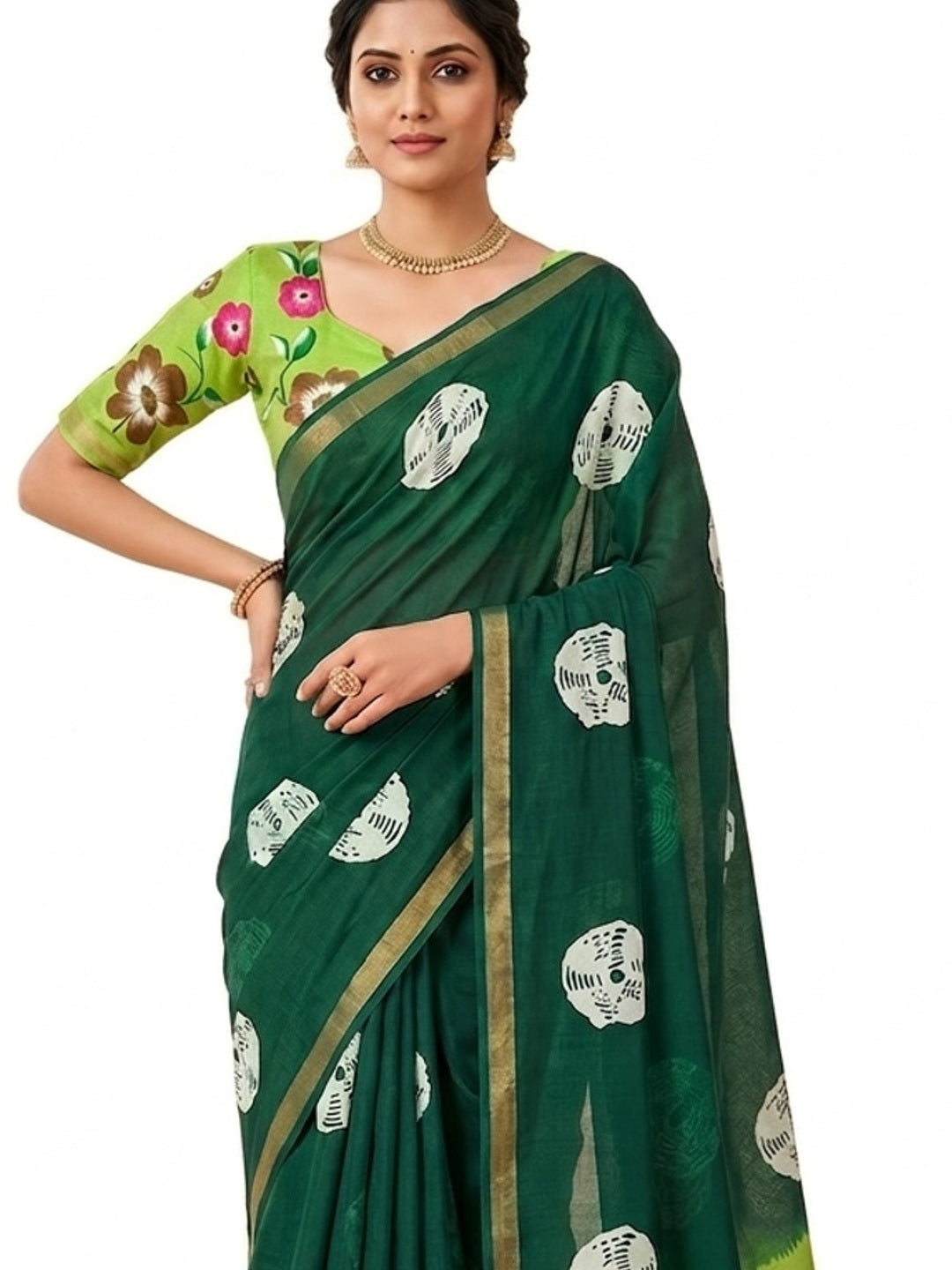 Peachmode Green Mulmul Cotton Bandhani Print Saree - Image 1