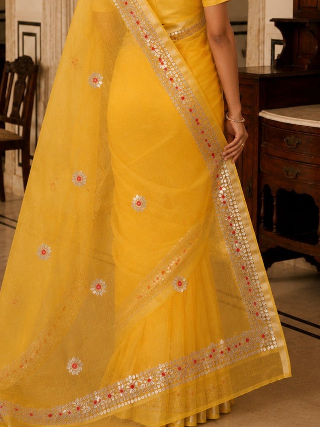 Graceful Yellow Kota Doria Saree with Delicate Floral Gota Patti & Zari Border - Image 1