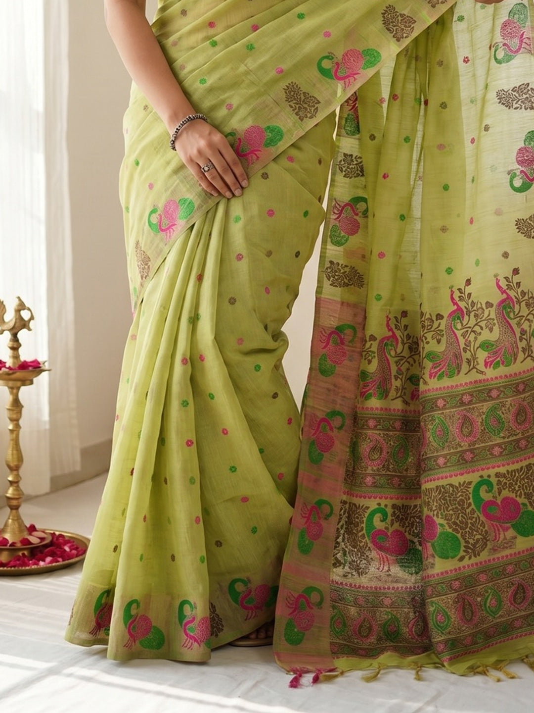 Elegant Green Cotton Blend Saree with Traditional Peacock Woven Motifs - Image 1