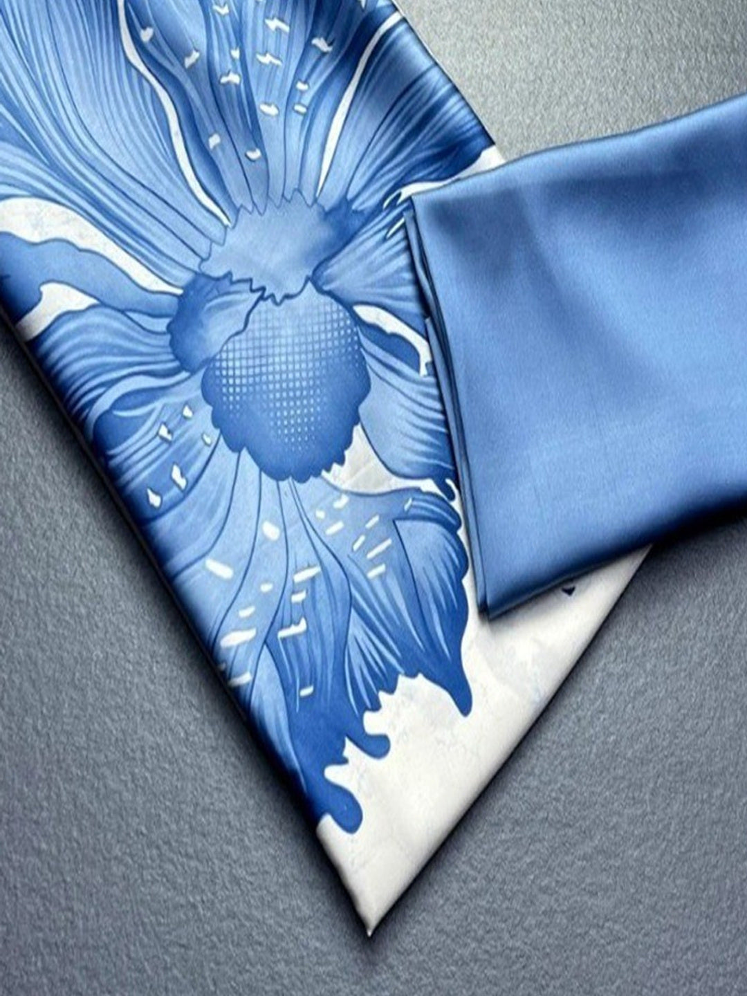 White & Blue Floral Digital Printed Satin Saree With Modern Work Design - Image 2