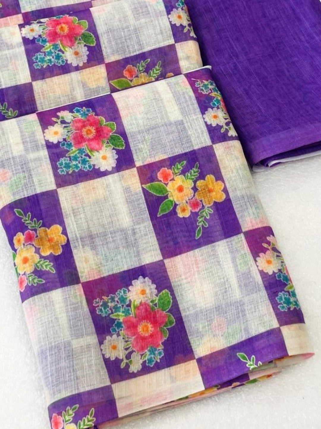 Elegant Purple Checked Linen Saree with Floral Print - Image 1
