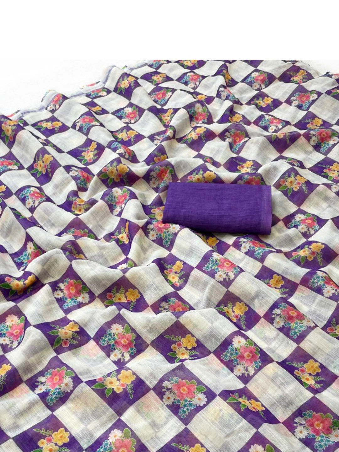 Elegant Purple Checked Linen Saree with Floral Print - Image 3