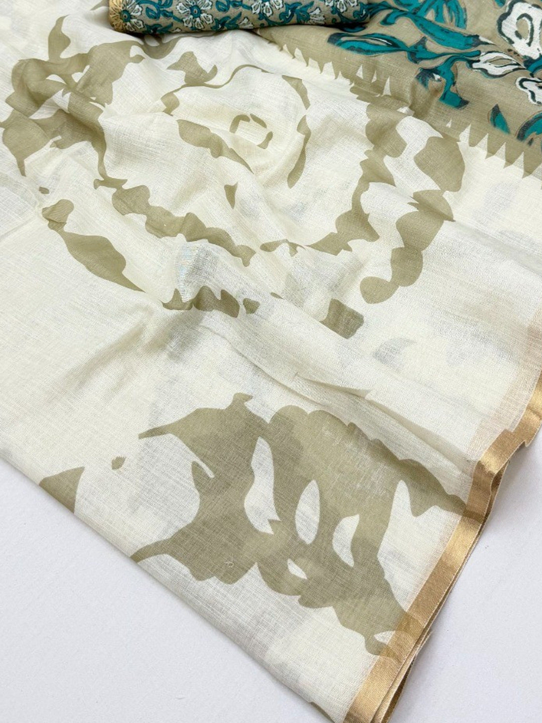 Elegant White Abstract Print Linen Saree with Floral Blouse - Image 1